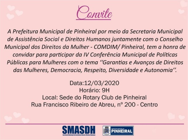Pinheiral terá IV conferência municipal de políticas públicas para mulheres