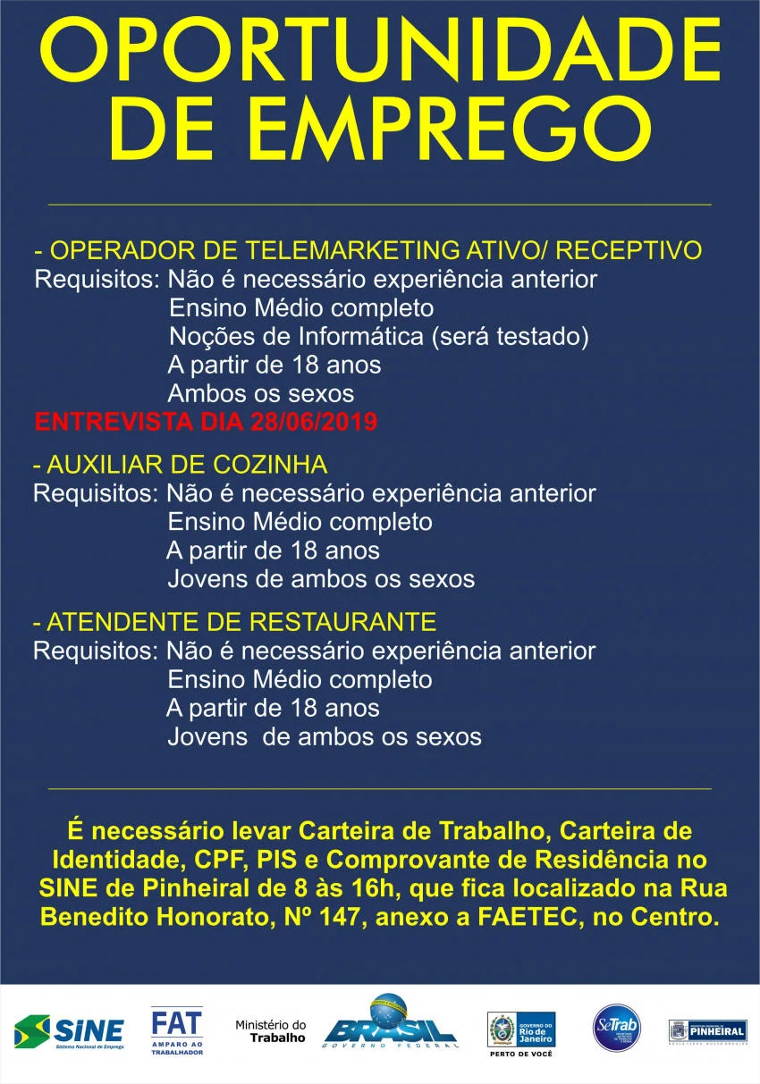 Sine de Pinheiral disponibiliza 420 vagas de emprego