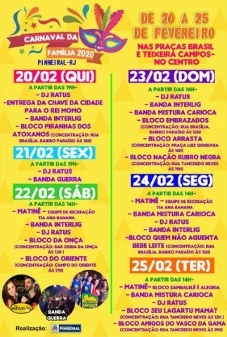 Prefeitura de Pinheiral anuncia programação do carnaval da família 2020 