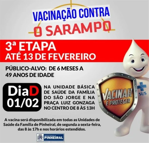 Pinheiral realiza dia ‘D’ da 3ª etapa de vacinação contra o sarampo neste sábado