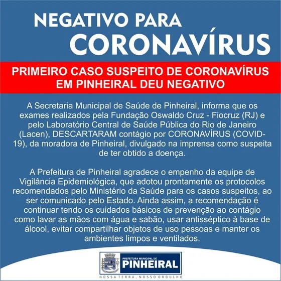 Caso suspeito de coronavírus em Pinheiral é descartado