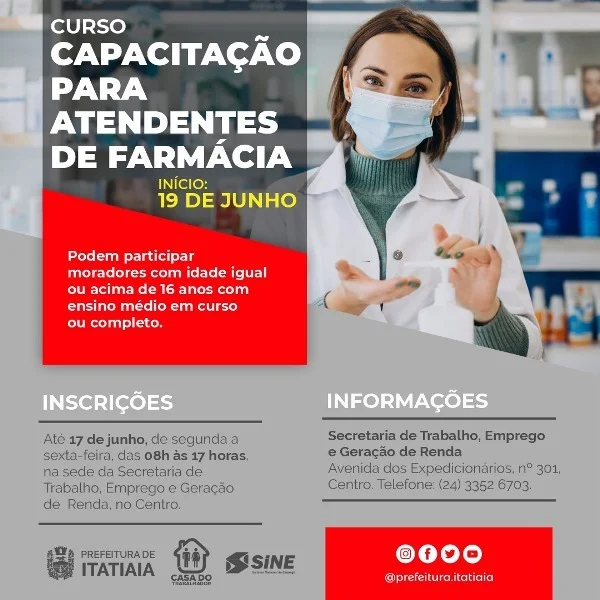 Secretaria de Trabalho abre inscrições para "Curso de Capacitação para Atendentes de Farmácia"