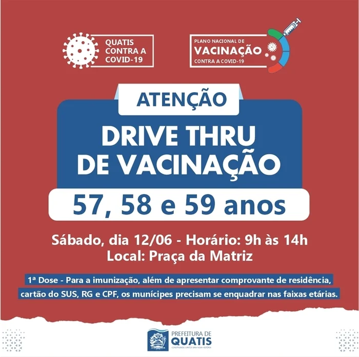 DRIVE THRU DE 1ª DOSE – QUATIS INICIA VACINAÇÃO POR IDADE