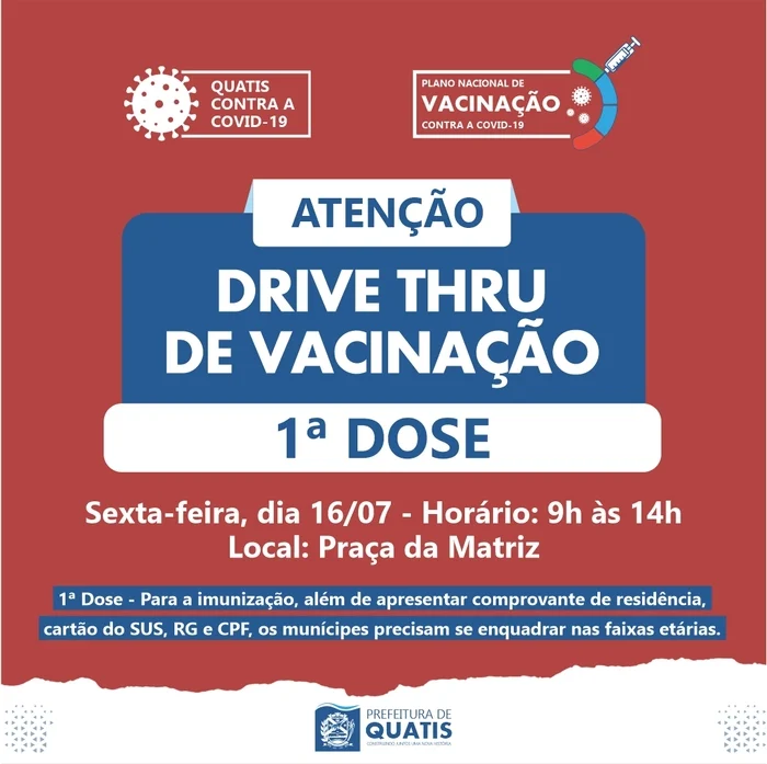Drive thru de vacinação para pessoas a partir de 38 anos, profissionais de educação física e veterinários
