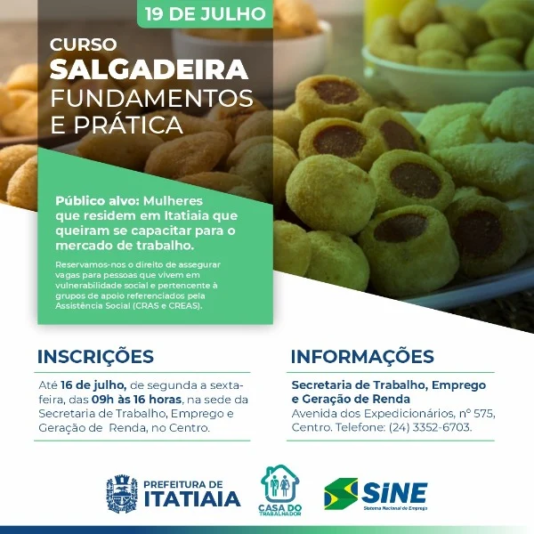 Prefeitura está com inscrições abertas para curso gratuito de salgadeira