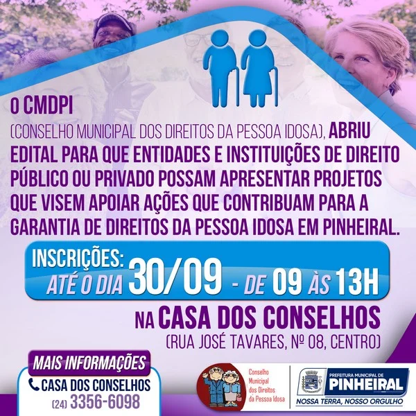 Conselho municipal dos direitos da pessoa idosa abre edital para apoiar projetos em Pinheiral