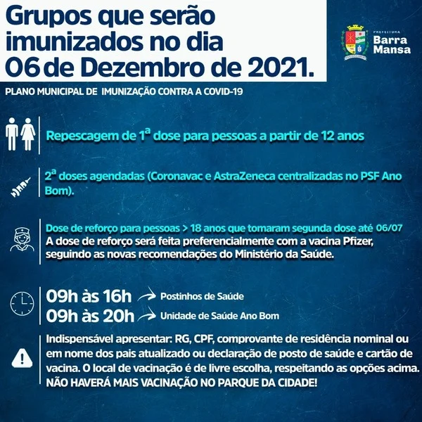 Barra Mansa segue com vacinação contra Covid-19 na segunda-feira