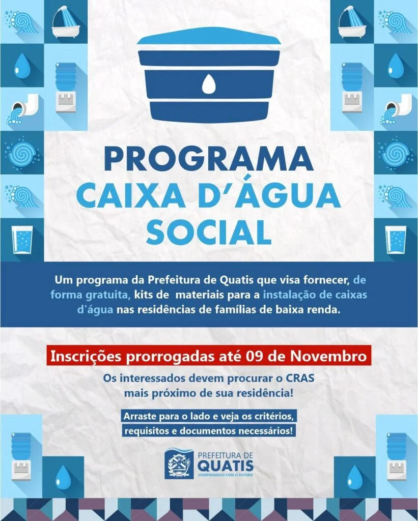 Quatis prorroga prazo de inscrições para o programa Caixa d’Água Social